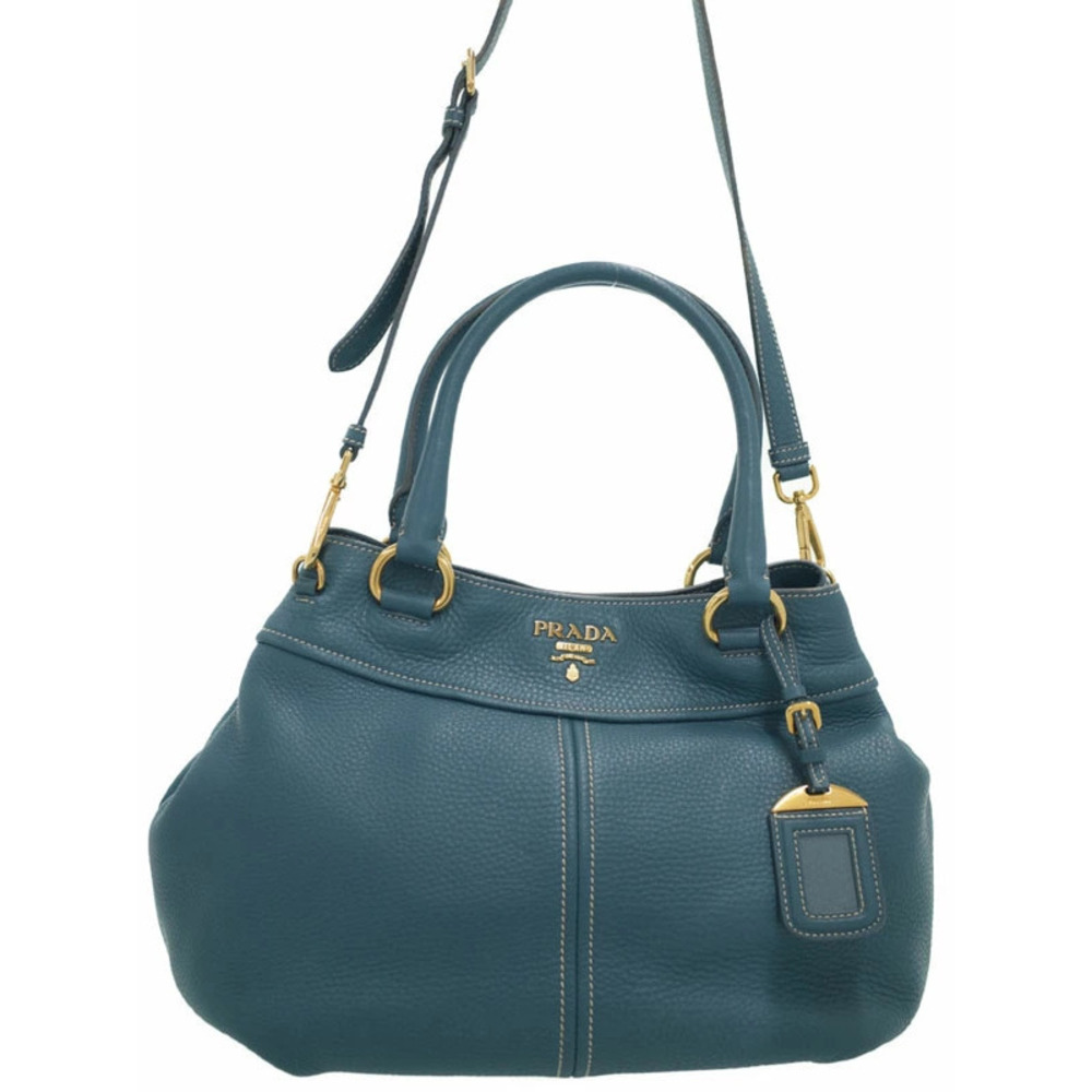 Prada Bluette Vitello Daino Leather Tote Bag teal blue